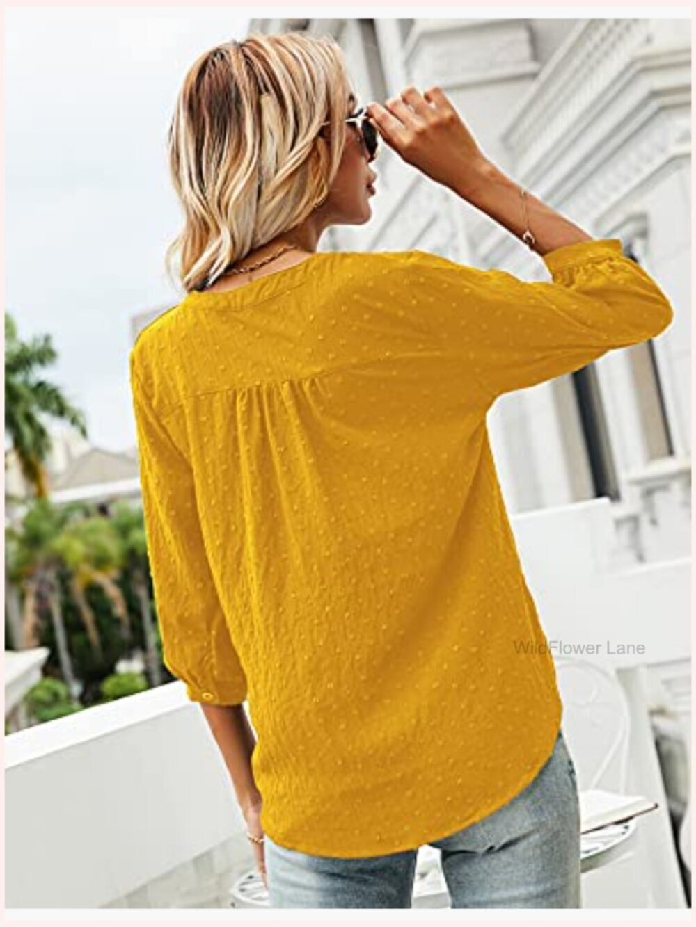 Women's Swiss Dot 3/4 Sleeve Henley V-Neck Blouse Tops - Picture 5 of 7